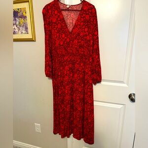 Ladies Maxi Dress - Long Sleeve - Red Floral - Size L